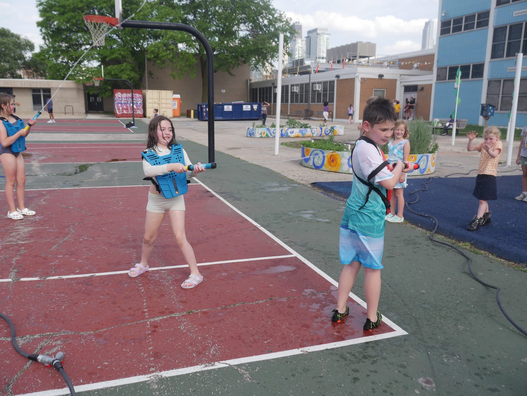 Two players facing off in Splash Clash water tag